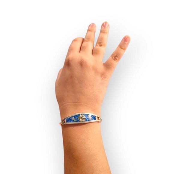 Vintage Alpaca Mexico Silver Blue Abalone Shell Mother-of-Pearl Flower Bracelet - Picture 11 of 14